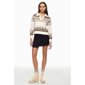 CeCe Womens Fair Isle Polo Sweater White Tan Geometric V-Neck Long Sleeve Size S
